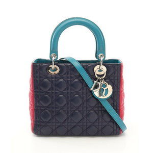 Christian Dior Lady Cannage Leather Handbag Navy Blue Pink Green